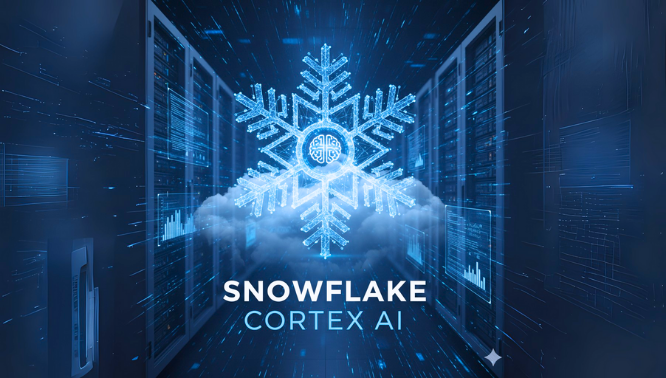 Visual representation of Snowflake Cortex AI with a glowing snowflake symbol over cloud servers, highlighting AI and data processing infrastructure