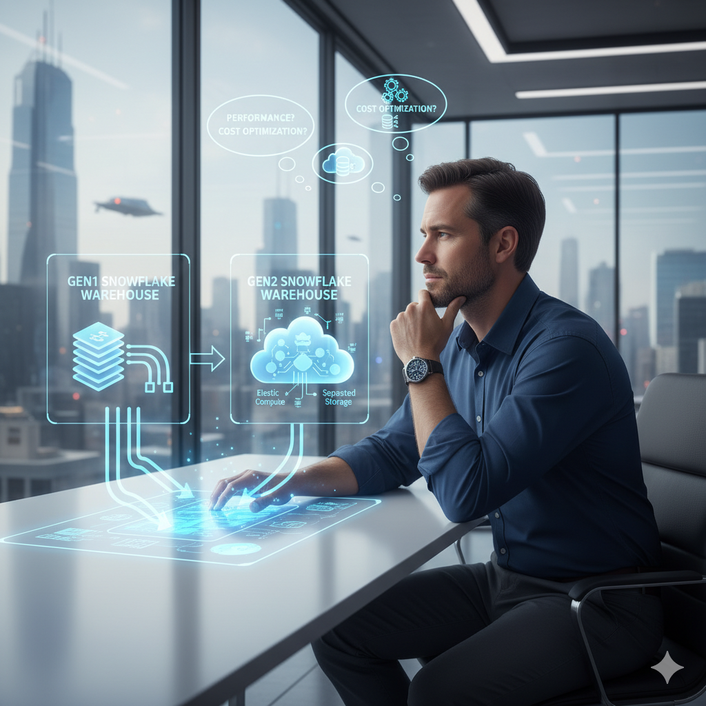 A data engineer, sitting in a modern high-rise office with a city skyline visible through large windows, is deep in thought. In front of him, a holographic interface displays a comparison between Gen1 and Gen2 Snowflake Warehouses. On the left, Gen1 Snowflake Warehouse is represented by stacked layers, implying its older architecture. On the right, Gen2 Snowflake Warehouse is shown with a cloud icon labeled with key features like 