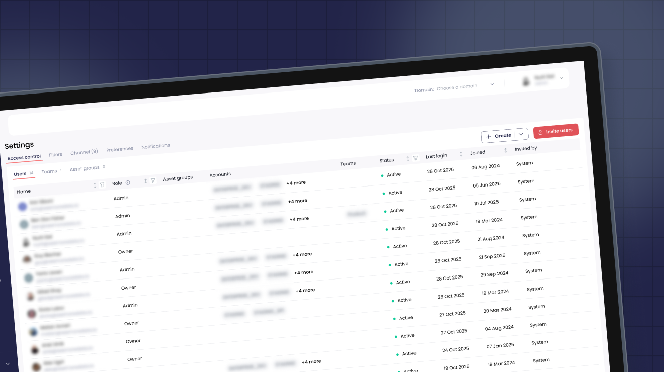 Dashboard view of Seemore Data’s Role-Based Access Control (RBAC) settings showing a list of users, roles, teams, and access status within the platform’s interface.