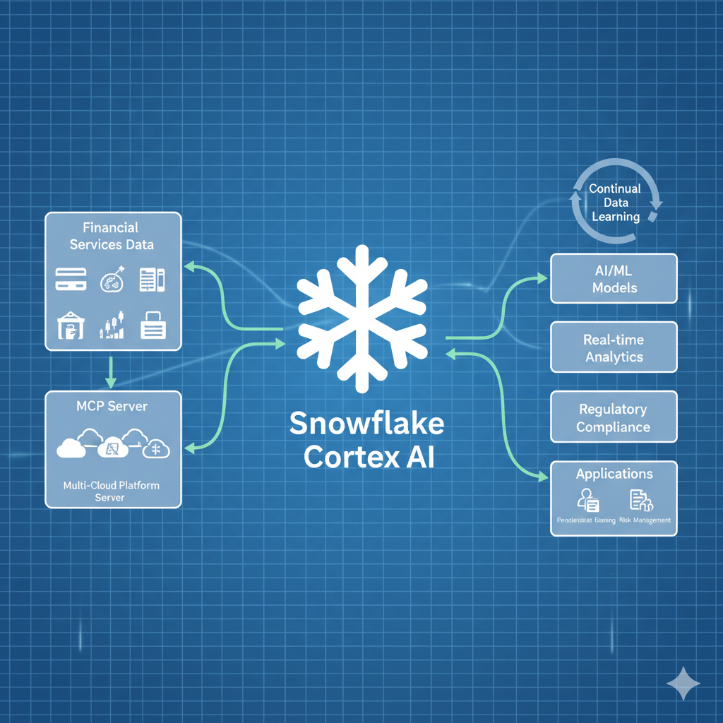 Diagram showing Snowflake Cortex AI architecture connecting financial services data via MCP Server