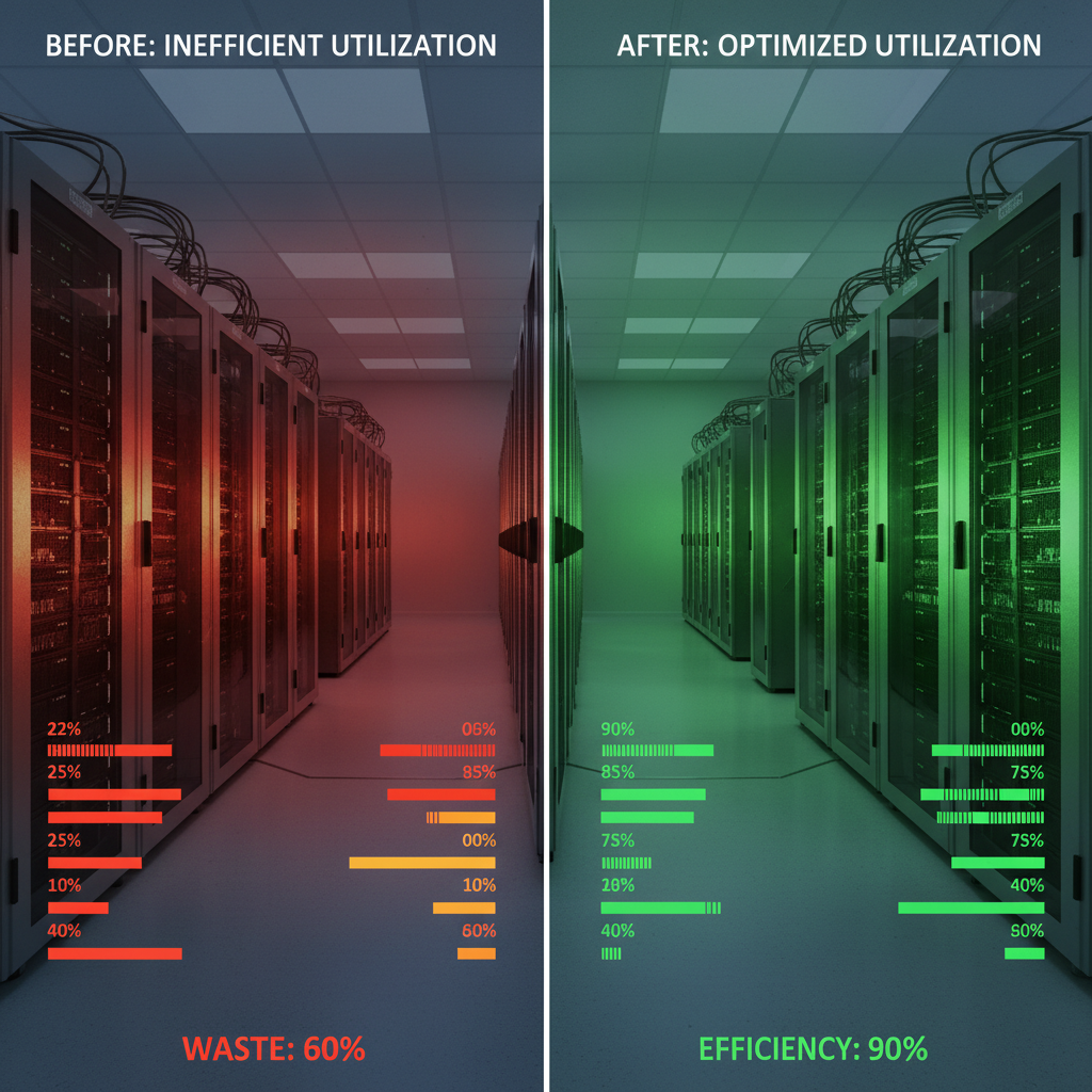 Split-screen image comparing data center utilization: the left side labeled 'Before: Inefficient Utilization' shows red-lit servers with 60% waste, while the right side labeled 'After: Optimized Utilization' shows green-lit servers with 90% efficiency. Each side includes horizontal bar charts illustrating resource usage improvements.