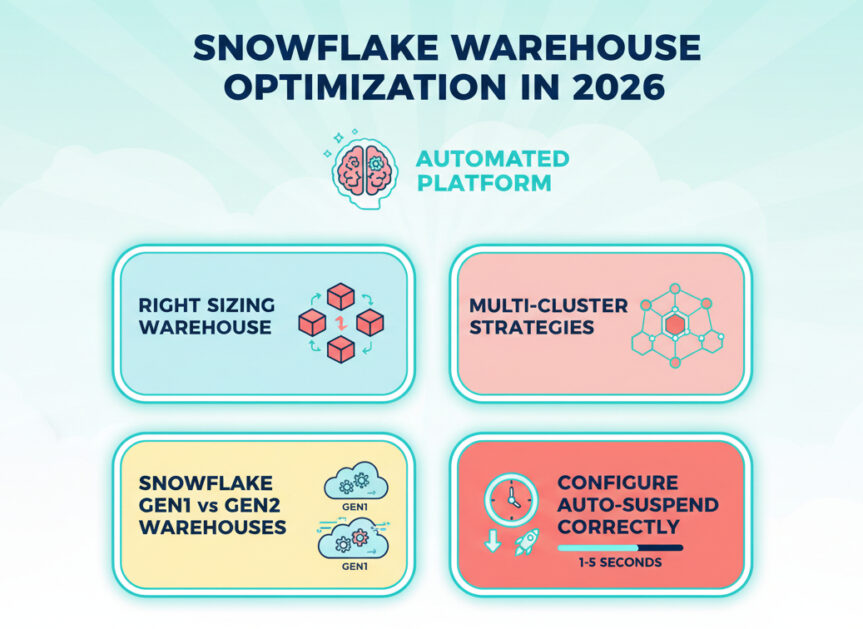 An infographic titled 'Snowflake Warehouse Optimization in 2026' highlighting four key strategies: Right Sizing, Multi-Cluster Strategies, Gen1 vs Gen2 Warehouses, and Auto-Suspend configuration, all part of an Automated Platform.