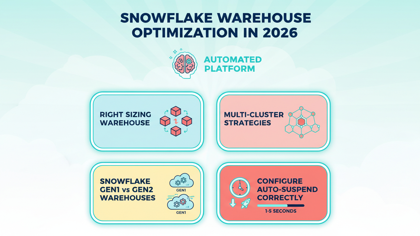 An infographic titled 'Snowflake Warehouse Optimization in 2026' highlighting four key strategies: Right Sizing, Multi-Cluster Strategies, Gen1 vs Gen2 Warehouses, and Auto-Suspend configuration, all part of an Automated Platform.