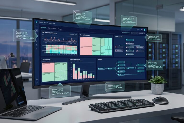 A split-screen showing SQL code with ALTER SESSION SET QUERY_TAG on one side and a real-time cost dashboard on the other, using brand colors for syntax highlighting