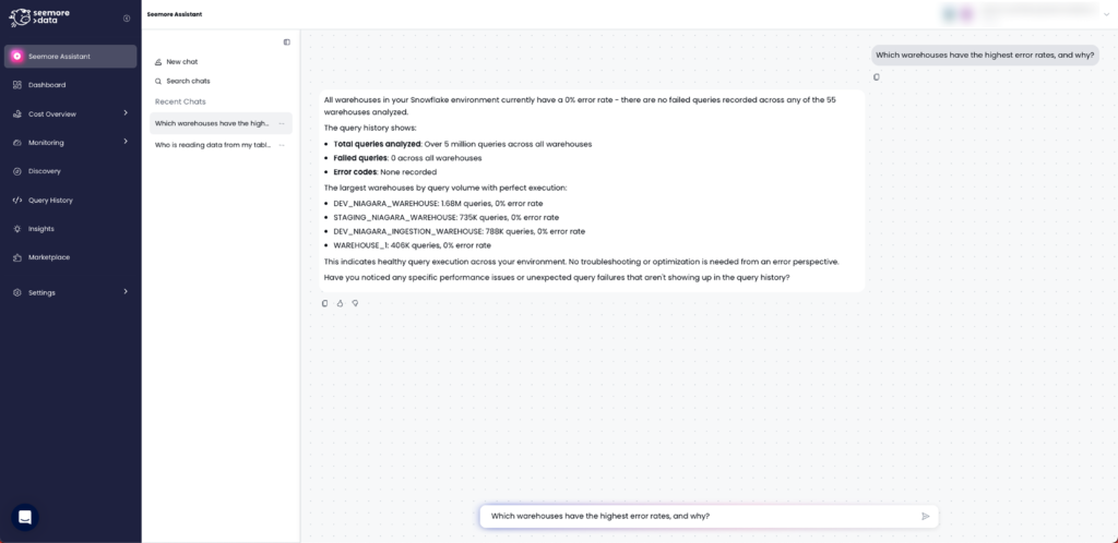 Alt text: Screenshot of the Seemore Data “Seemore Assistant” interface. In response to the question “Which warehouses have the highest error rates, and why?”, the assistant reports that all 55 Snowflake warehouses have a 0% error rate with no failed queries across more than 5 million queries analyzed, and lists the highest-volume warehouses with perfect execution.