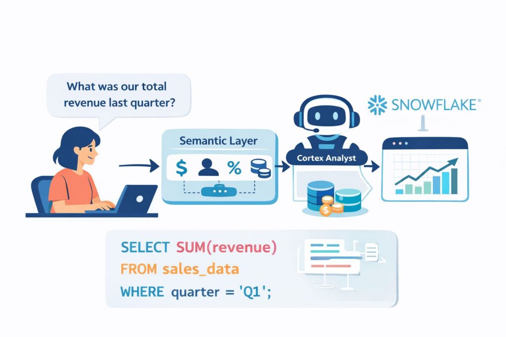 Flat illustration of a user asking a business question, a semantic layer translating it, and SQL appearing below to show how Cortex Analyst turns natural language into a database query.